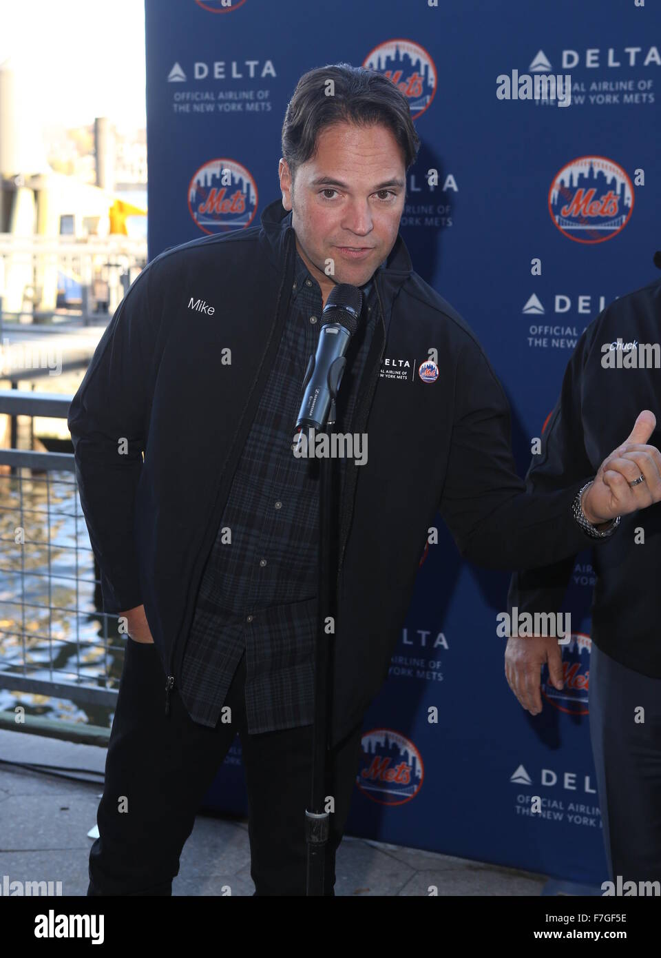 Comedian Jim Breuer and Mets legend Mike Piazza join the Delta Air Lines and New York Mets water taxi, the 'Amazin' Mets Express,' as honorary Captains  Featuring: Mike Piazza Where: New York, New York, United States When: 30 Oct 2015 Stock Photo
