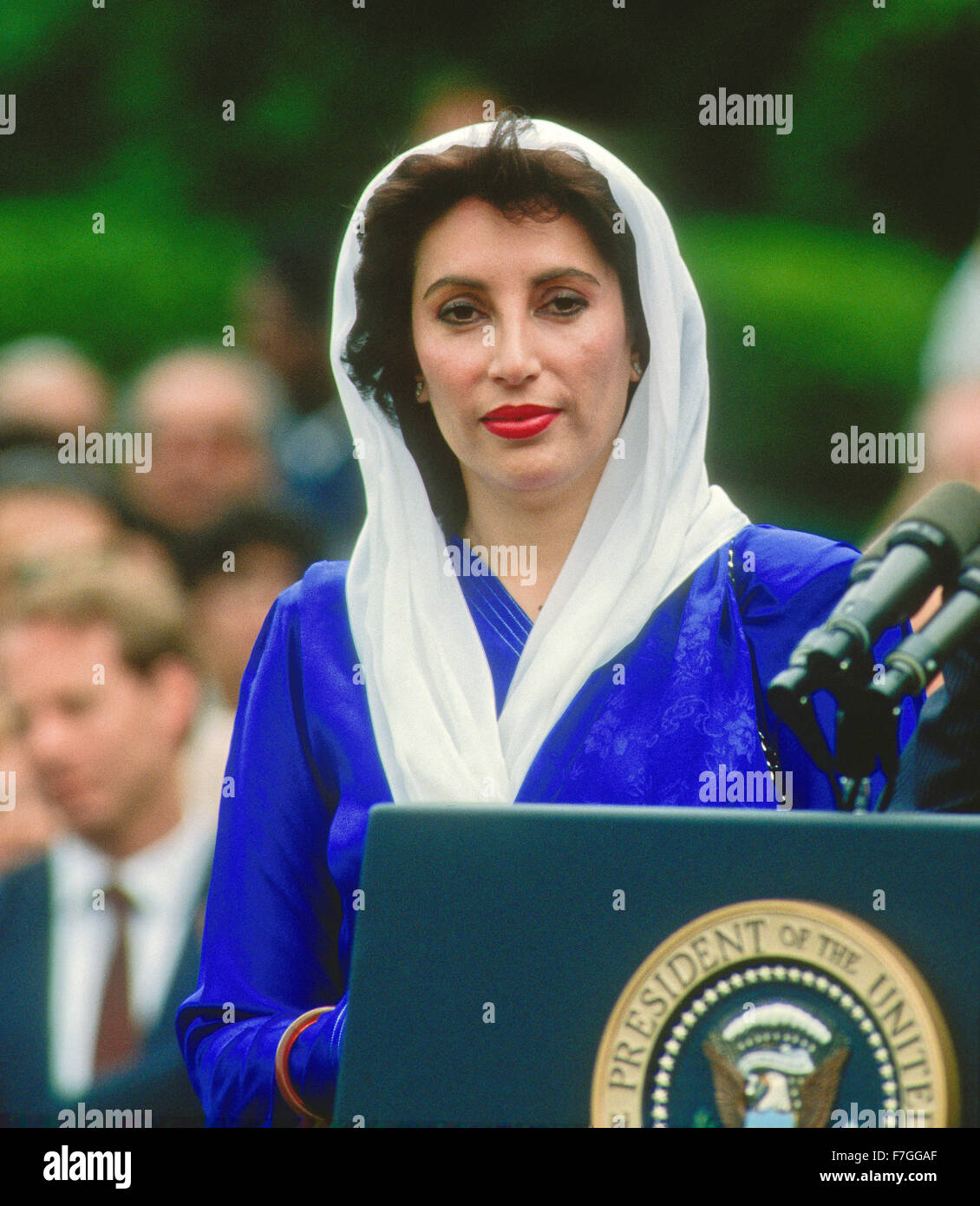 Washington, DC. USA, 11th April, 1995 Prime Minister Benazir Bhutto of Pakistan during news conference with President William Clinton in the Rose Garden of the White House Credit: Mark Reinstein Stock Photo