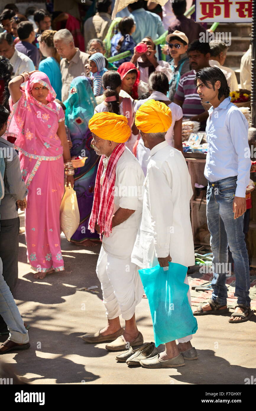 Pushkar - native india hindu people men wearing turban on the street, Pushkar, Rajasthan, India Stock Photo