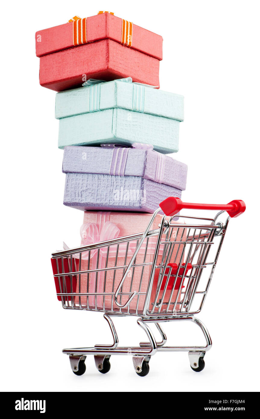 Shopping cart and giftboxes on white Stock Photo - Alamy
