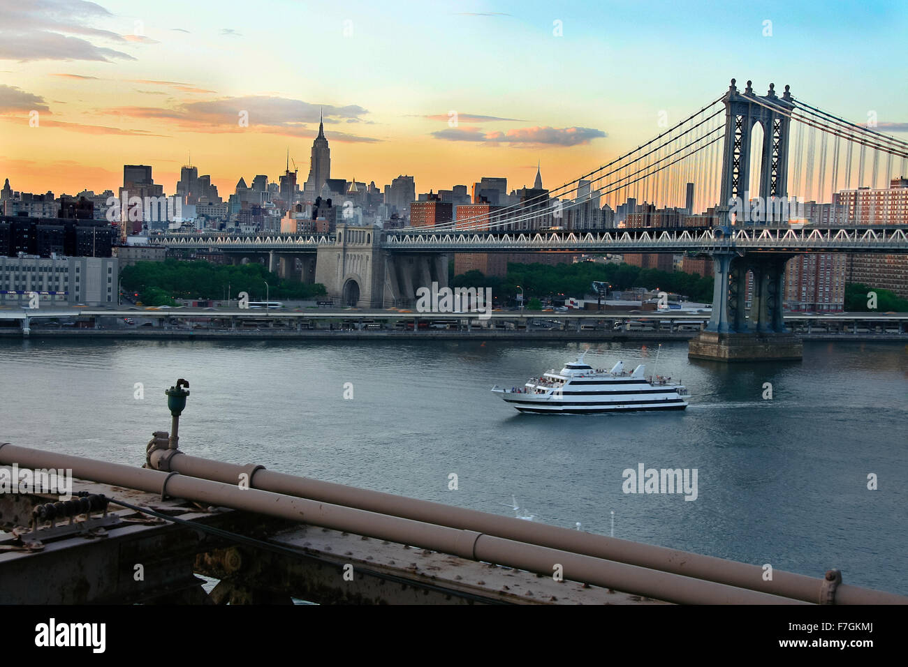 Beautiful Sunset view of Manhattan Bridge from Brooklyn, NYC Stock Photo