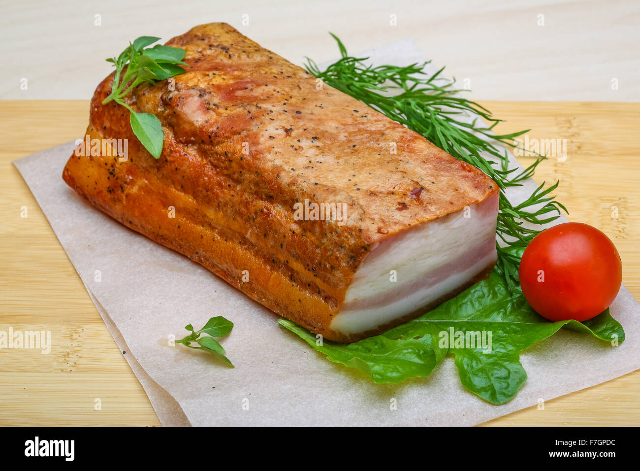 Raw bacon with herbs and spices on wood Stock Photo Alamy