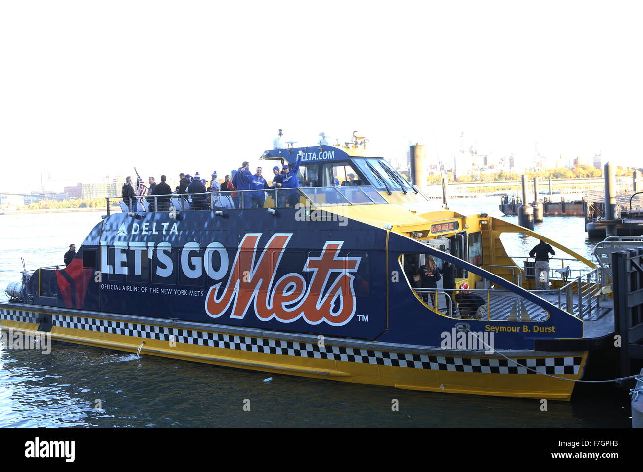 Comedian Jim Breuer and Mets legend Mike Piazza join the Delta Air Lines and New York Mets water taxi, the 'Amazin' Mets Express,' as honorary Captains  Featuring: Atmosphere Where: New York, New York, United States When: 30 Oct 2015 Stock Photo