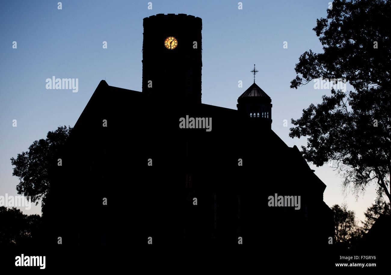 Lighted clock tower, Mount Hermon, Massachusetts, USA Stock Photo