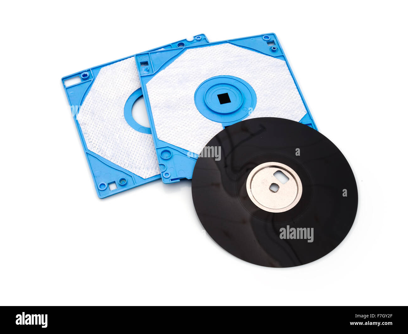 Obsolete technology floppy disc dismantled. Blue plastic Stock Photo