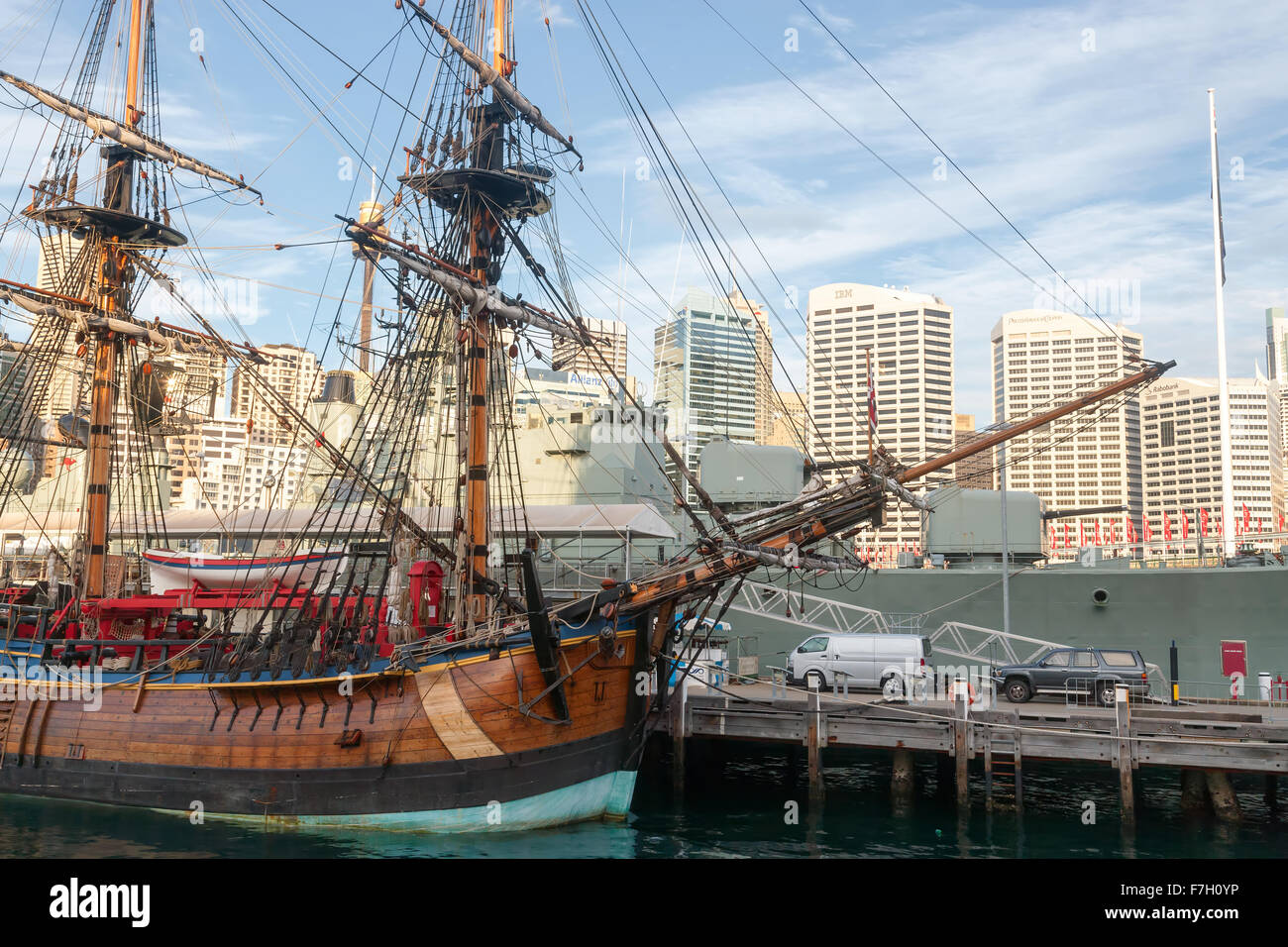 Endeavour Replica in Sydney Harbour at National Maritime Museum Stock Photo Alamy