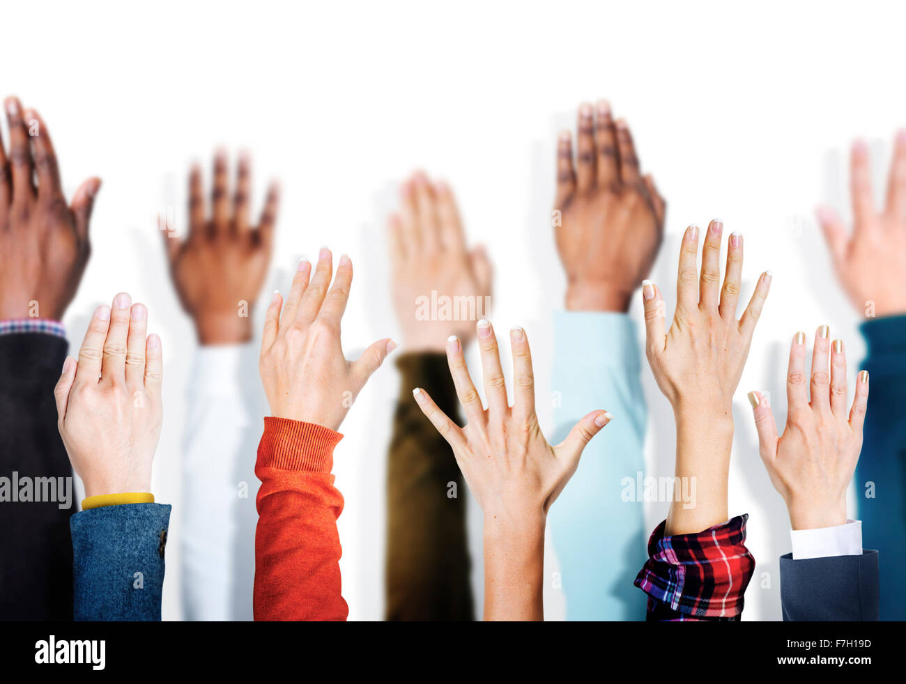 Group of Multiethnic Diverse Hands Raised Concept Stock Photo - Alamy