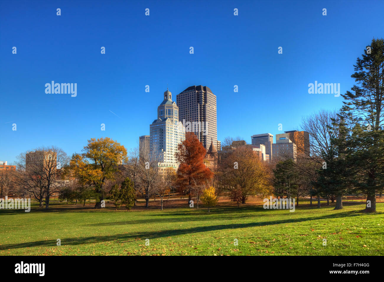 Hartford, Connecticut skyline with Bushnell park in foreground Stock