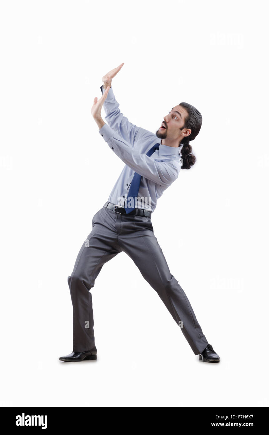 Businessman pushing away virtual obstacles Stock Photo - Alamy