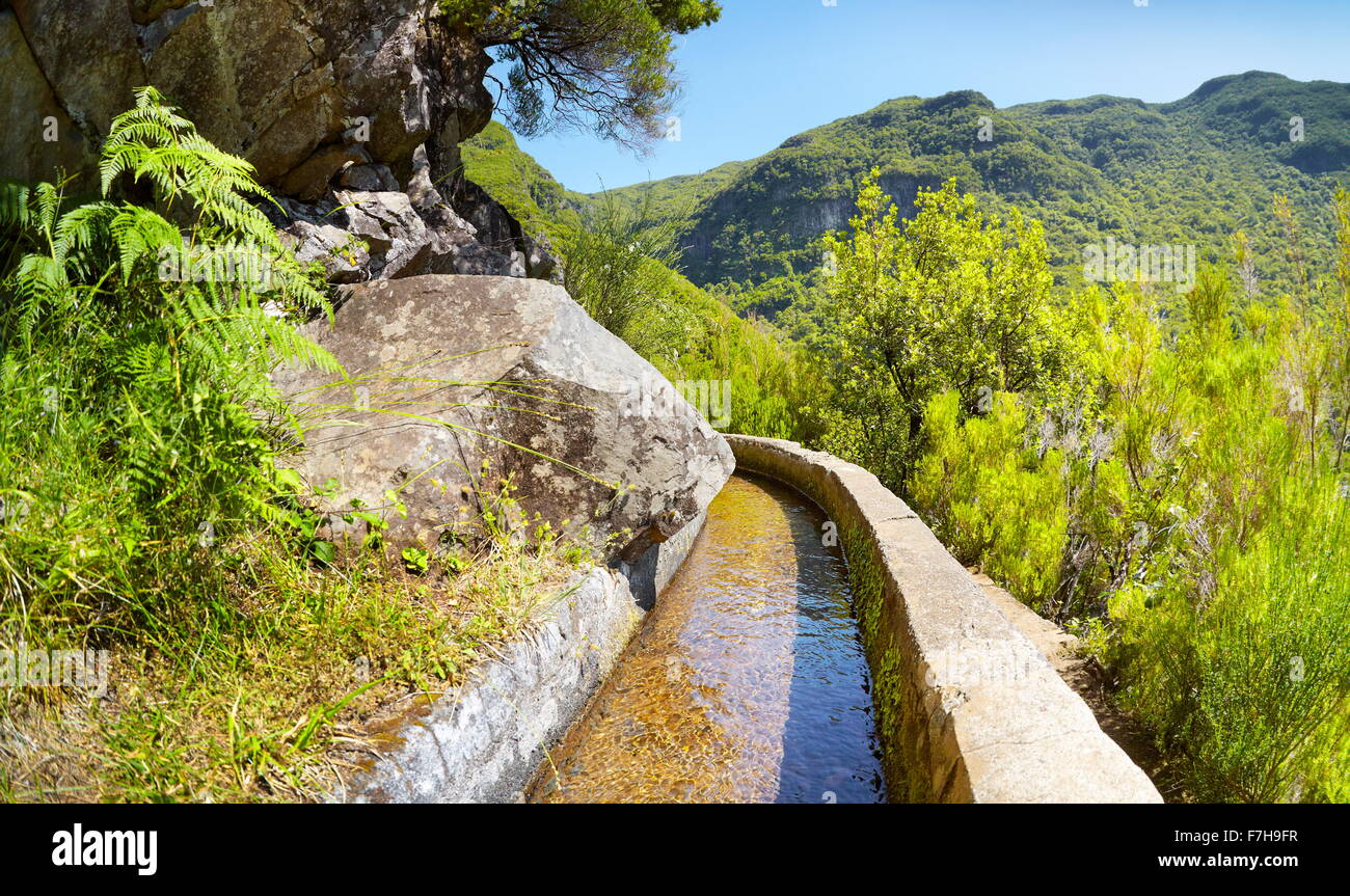 Levada das 25 Fontes, irrigation canal, Rabacal, Madeira Island, Portugal Stock Photo