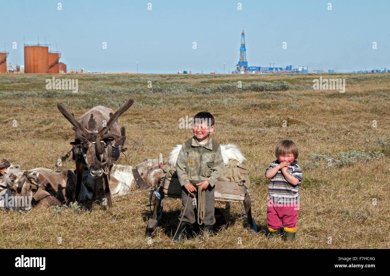 Nenets children close to Bovanenkovo gas field Stock Photo