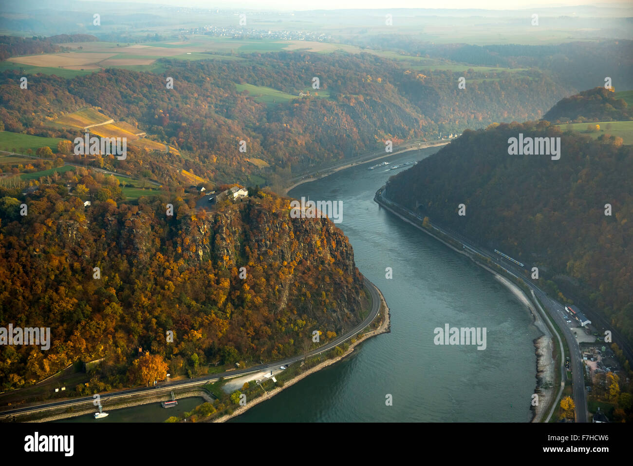 The Loreley, Lorelei rock, shale rock in the UNESCO World Heritage Upper Middle Rhine Valley in Sankt Goarshausen, Sankt Goar, Stock Photo