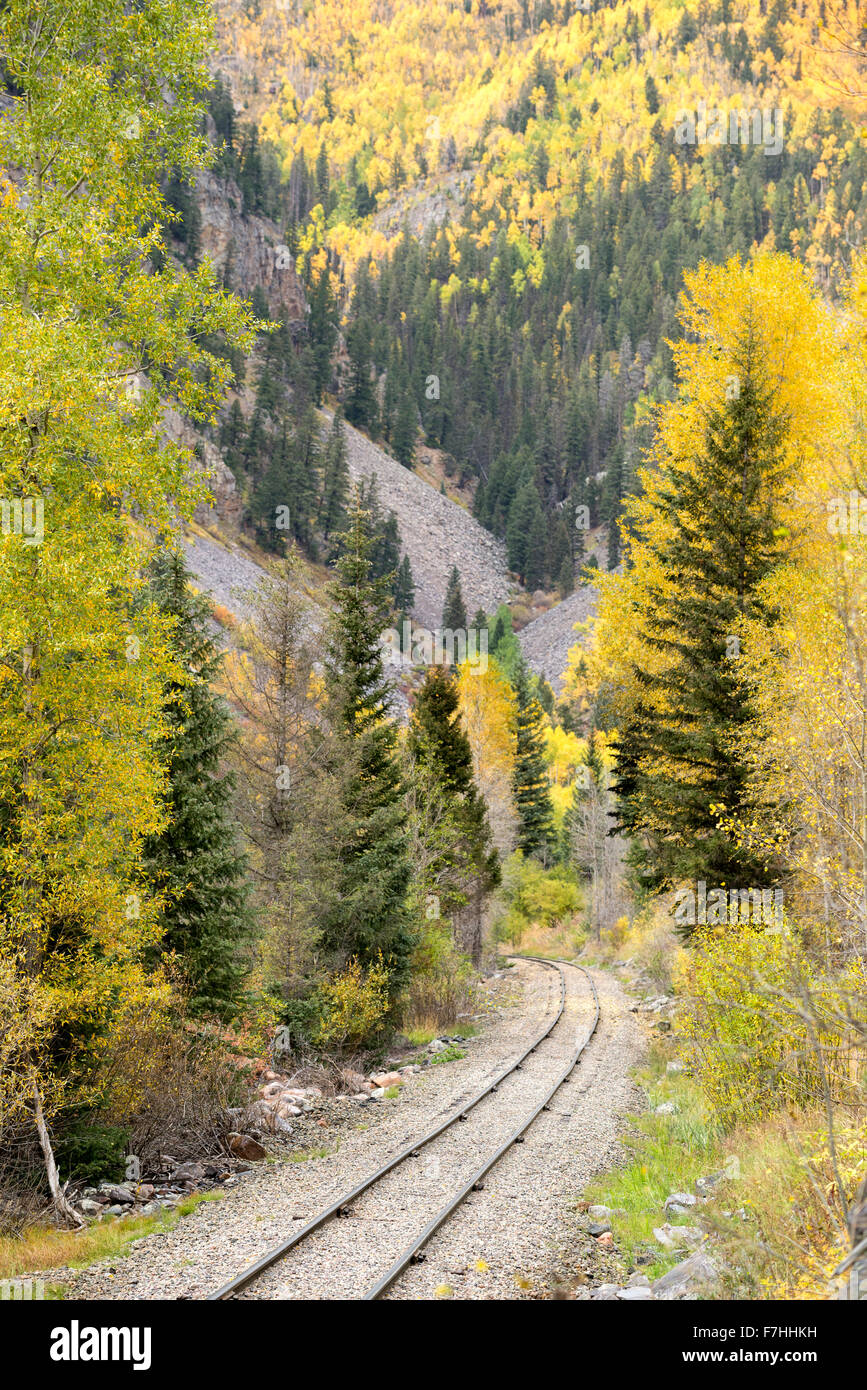 Durango & Silverton Narrow Gauge Railroad tracks in the Animas River Canyon in Southwest Colorado. Stock Photo