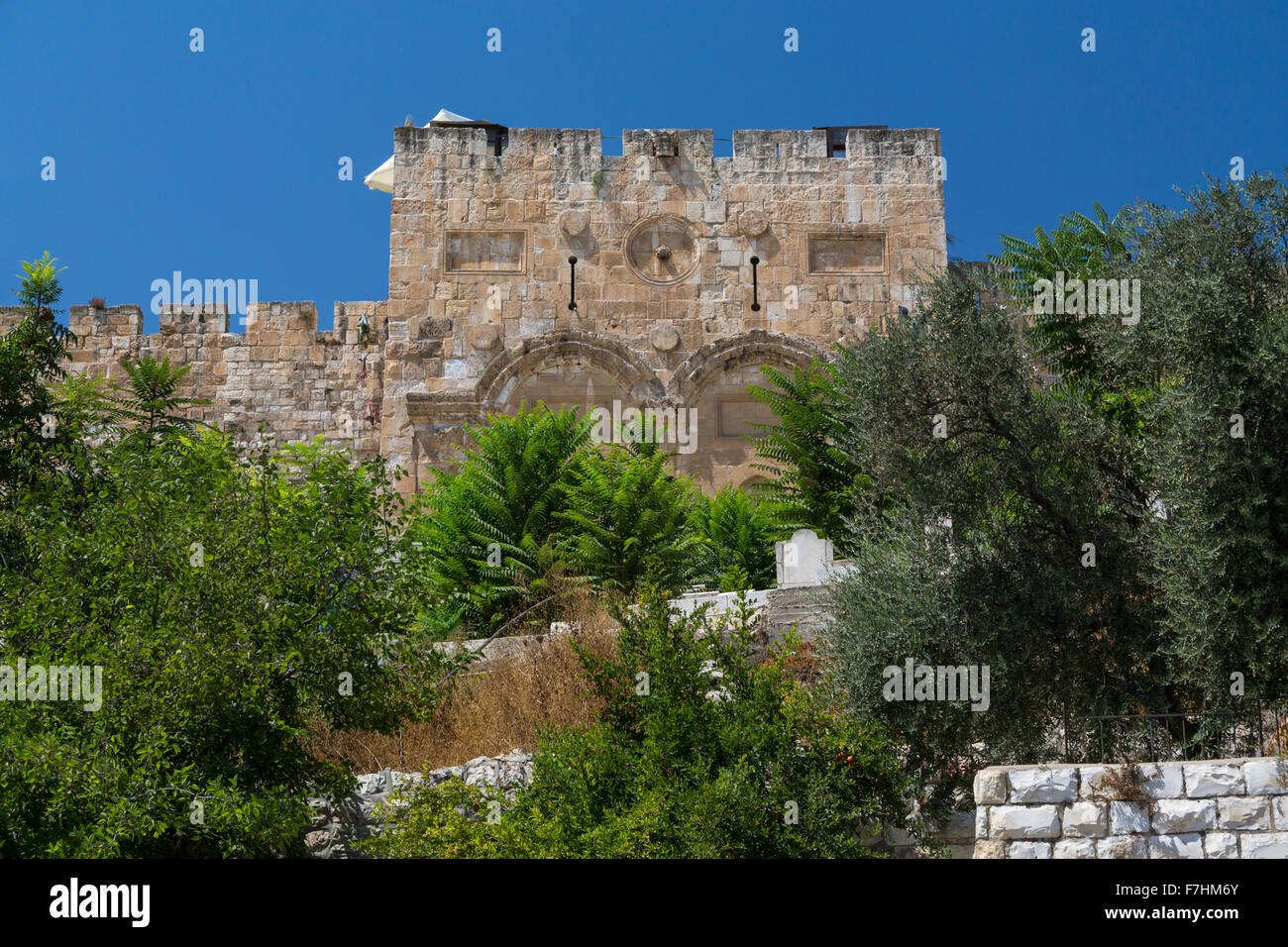 A view of the Eastern Gate across the Kidron Valley in Jerusalem, Israel, Middle East. Stock Photo