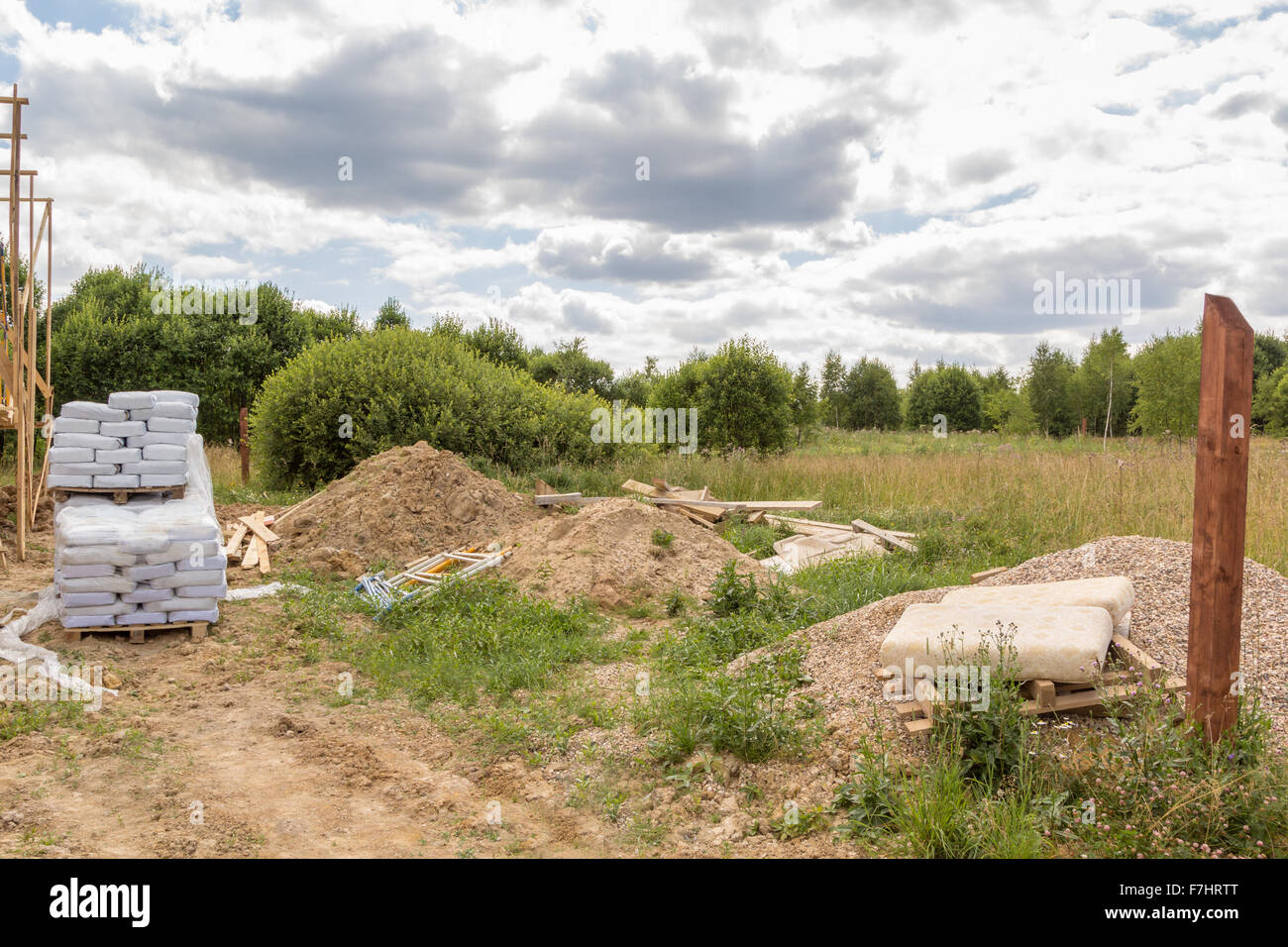construction material and debris in a field Stock Photo