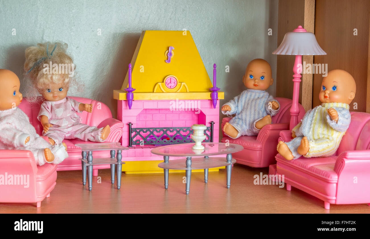 small pinc doll living room with kewpie dolls Stock Photo
