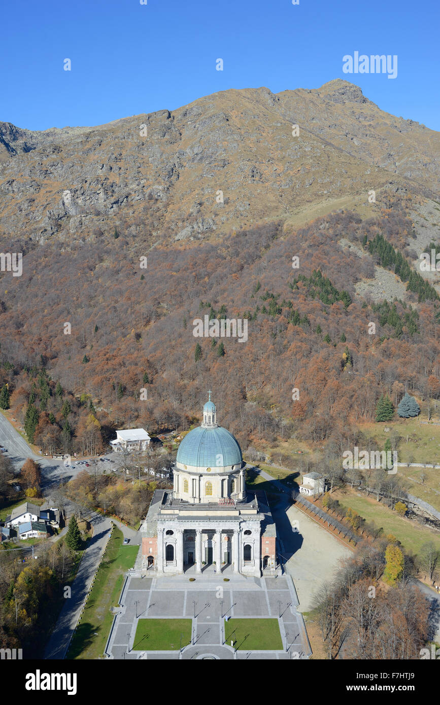 AERIAL VIEW. Upper Basilica of Oropa Sanctuary. Biella, Province of Biella, Piedmont, Italy. Stock Photo