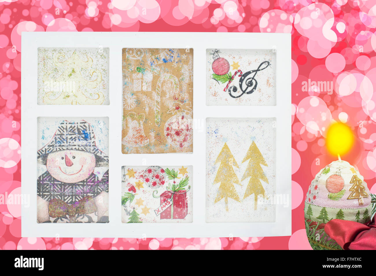 Homemade decoupage Christmas decorations in a photo frame with holidays