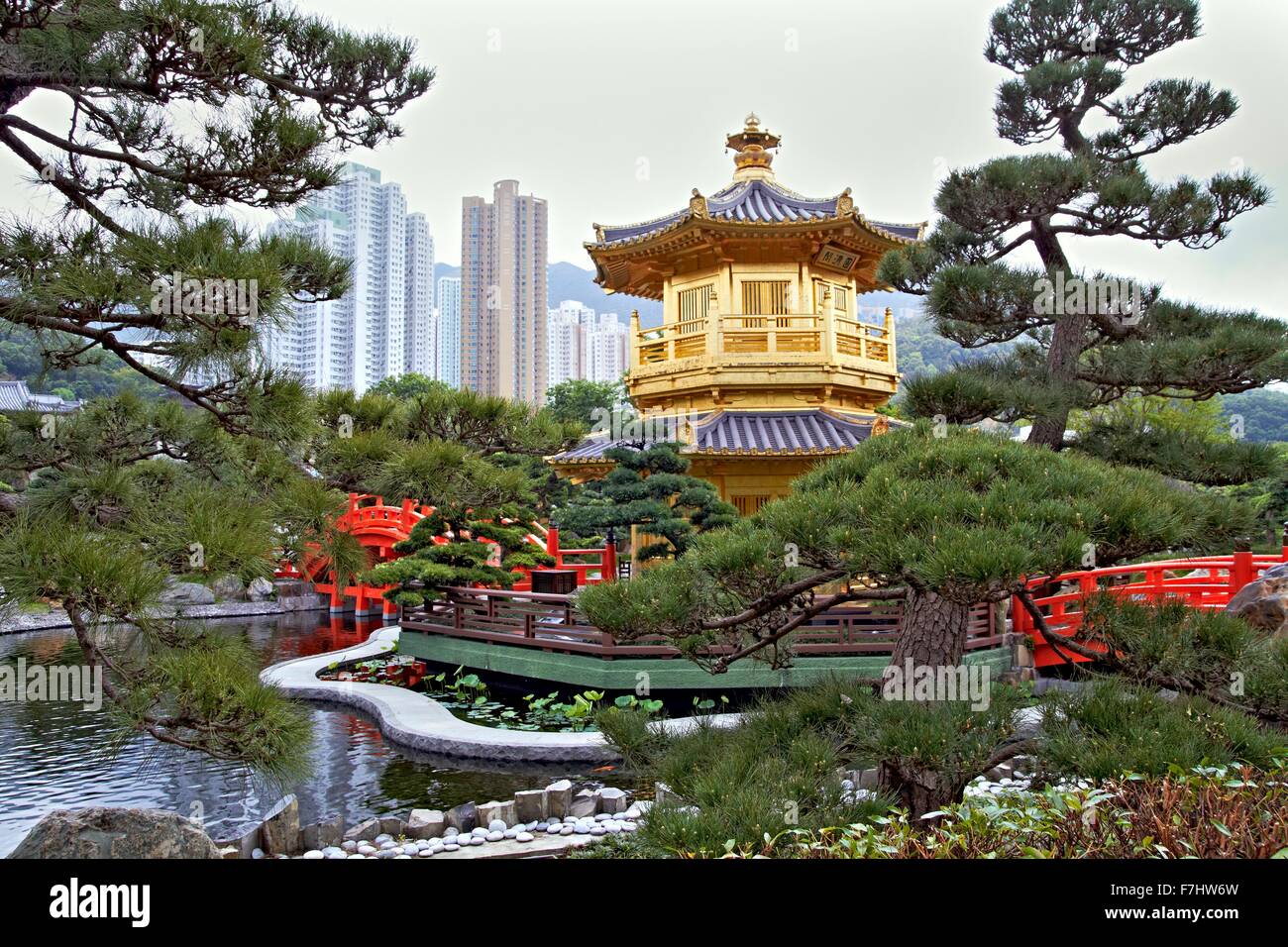 Golden Building Nan Lian Garden Hong Kong Tang Style Rules  The garden is built in the Tang Dynasty style (618 AD to 907 AD) Stock Photo