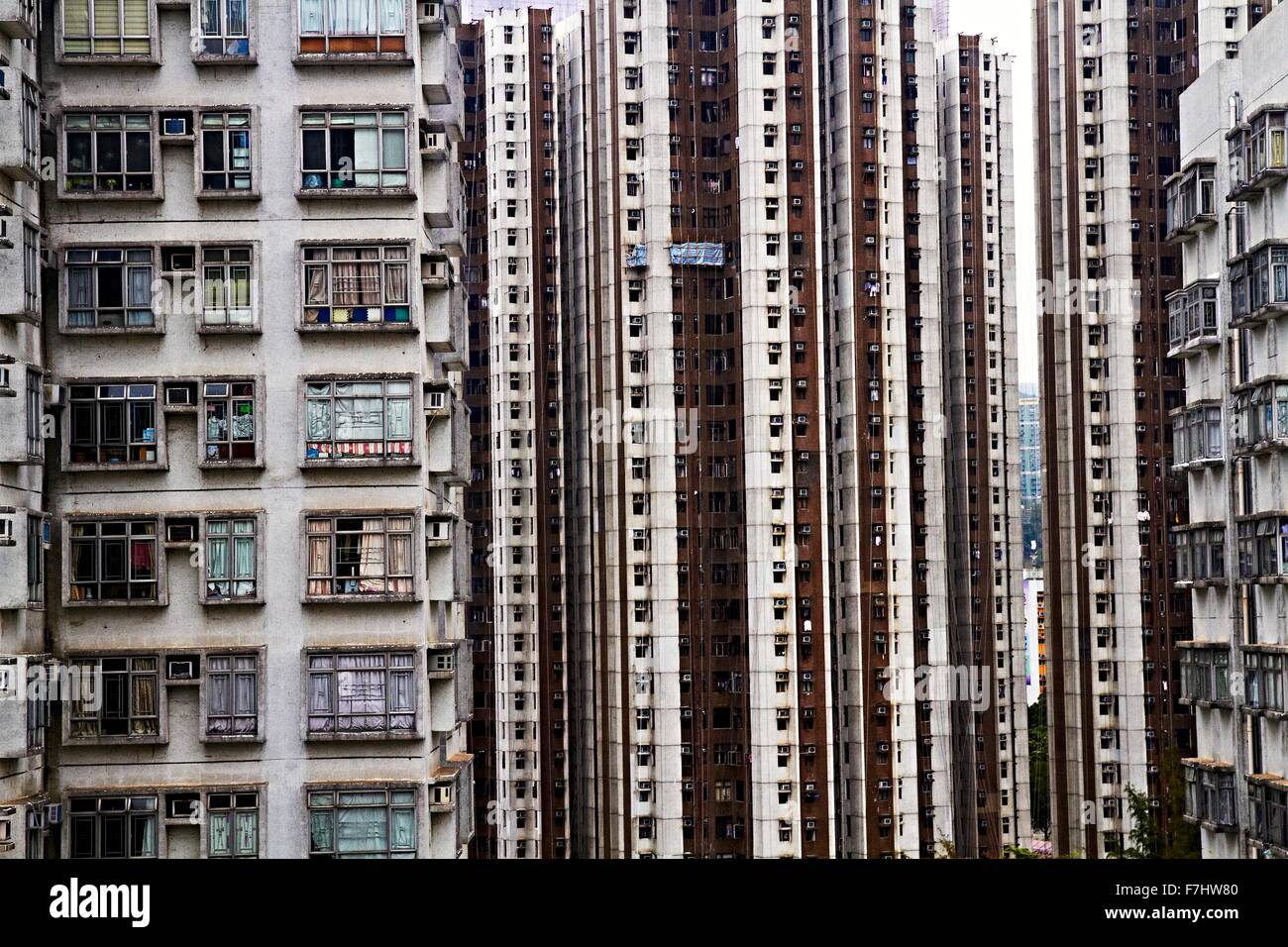 Hong Kong Private Residential High Rise Buildings. High Density Housing illustrating congested living spaces. Stock Photo