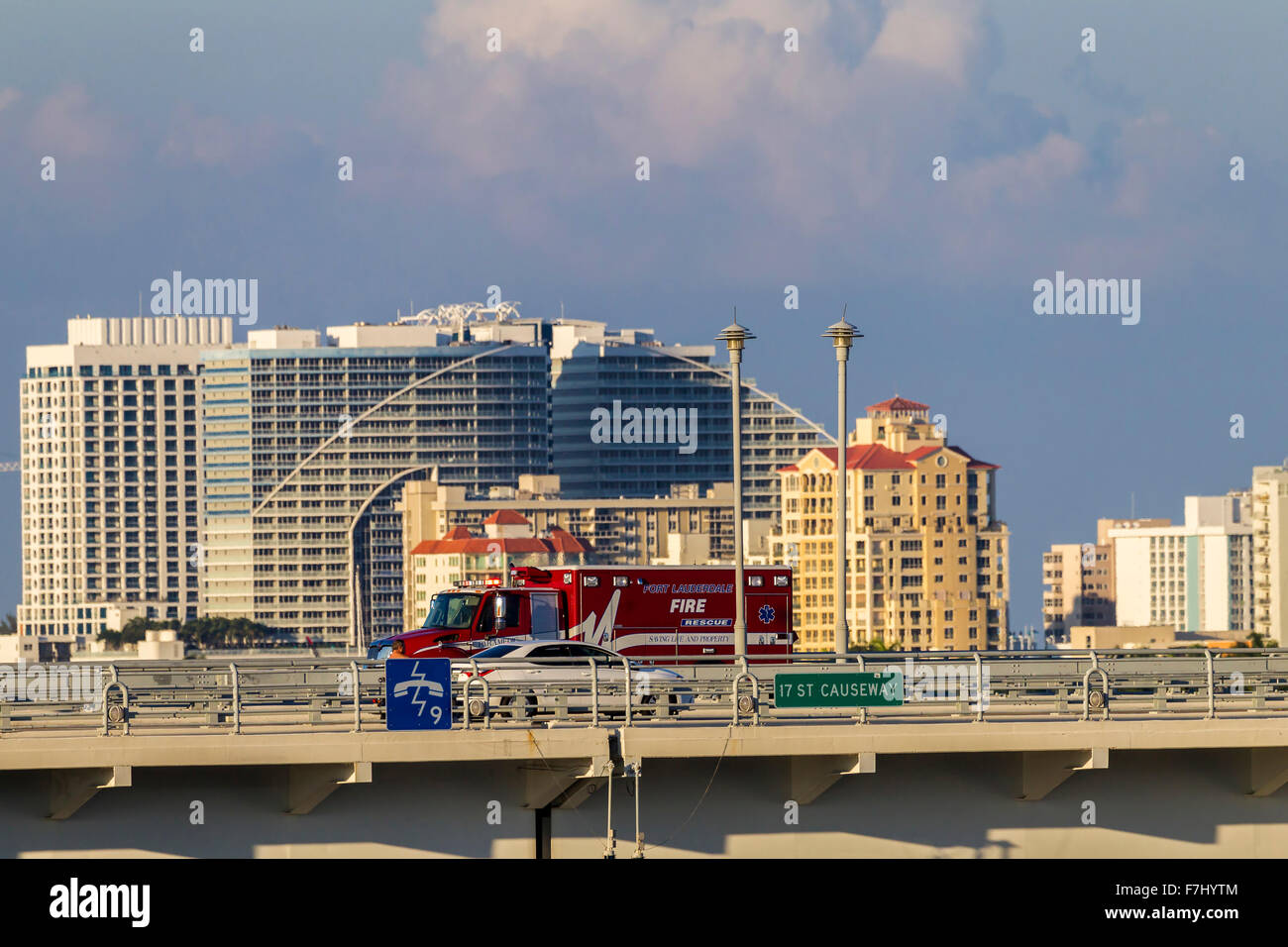 Fire and Rescue truck cross the 17 st Causeway, Port Everglades, Fort Lauderdale. U.S.A. Stock Photo