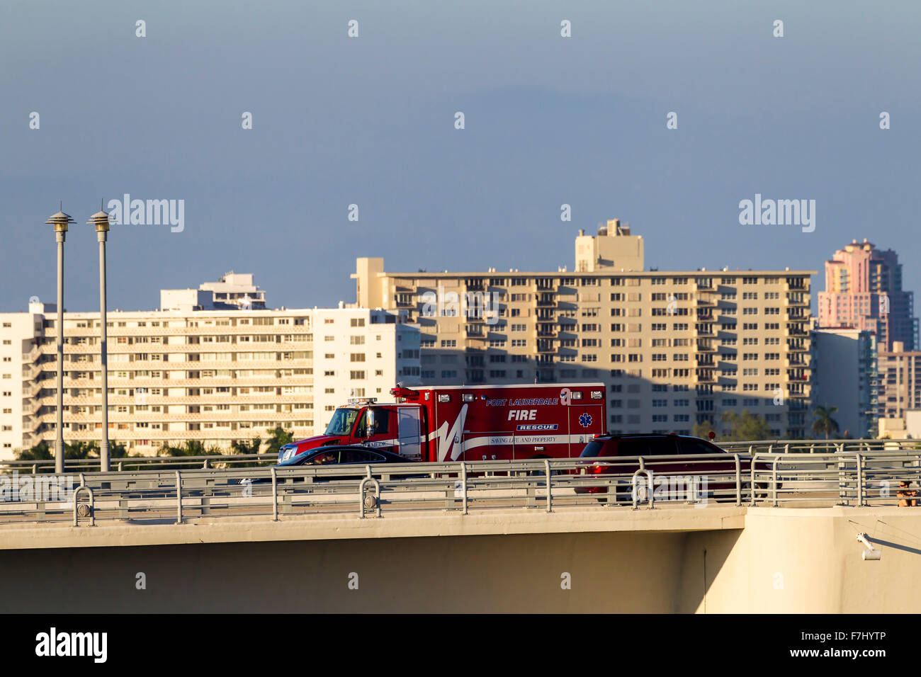 Fire and Rescue truck cross the 17 st Causeway, Port Everglades, Fort Lauderdale. U.S.A. Stock Photo