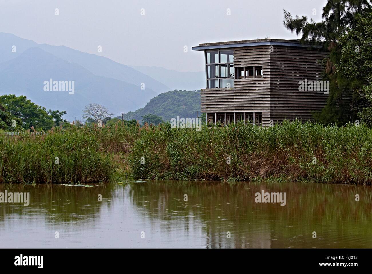 Bird Observation Deck Hong Kong Wetland Park - in Tin Shui Wai the park is a conservation, education and tourism facility Stock Photo