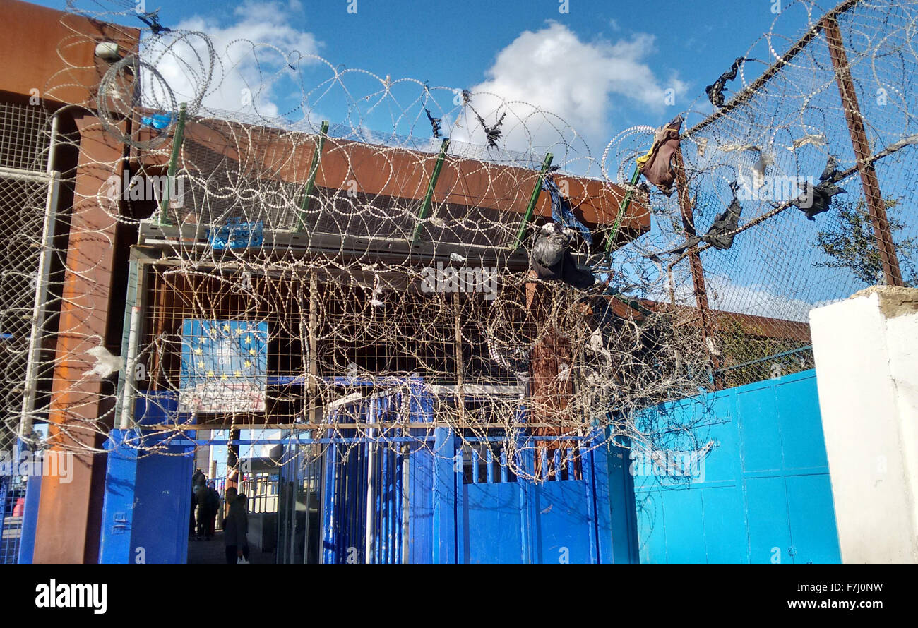 The barbed wire fence at the border crossing between the Spanish