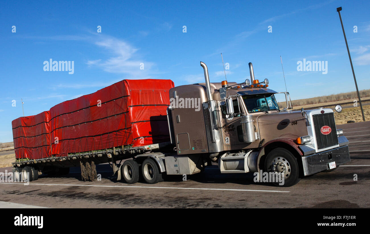 Peterbilt 379 truck and semi trailer with flat deck loaded and tarped on highway pullout in Wyoming USA Stock Photo