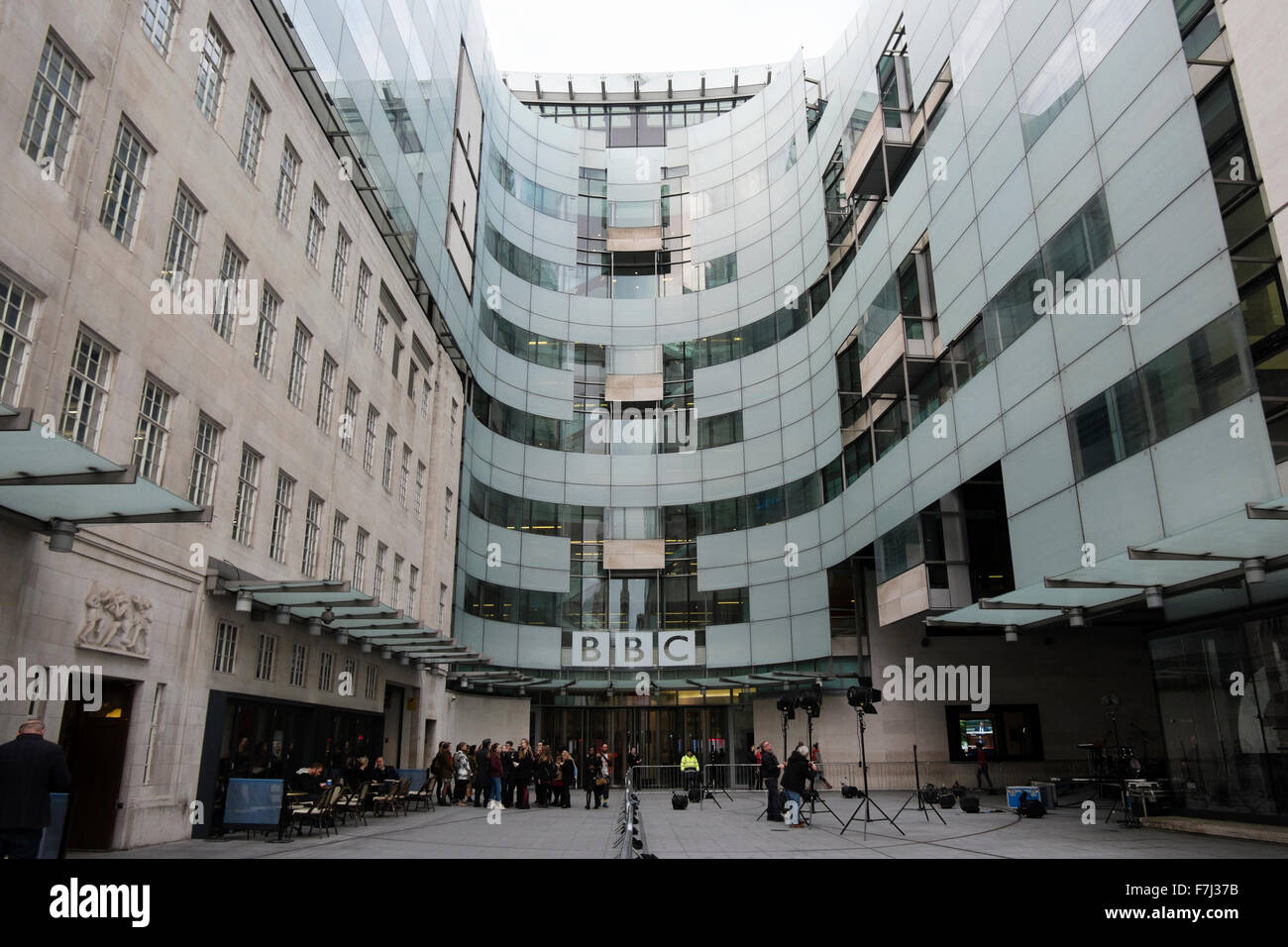 Lights being set up for The One show outside the front of the BBC Broadcasting House, Portland Place, London, England, UK Stock Photo