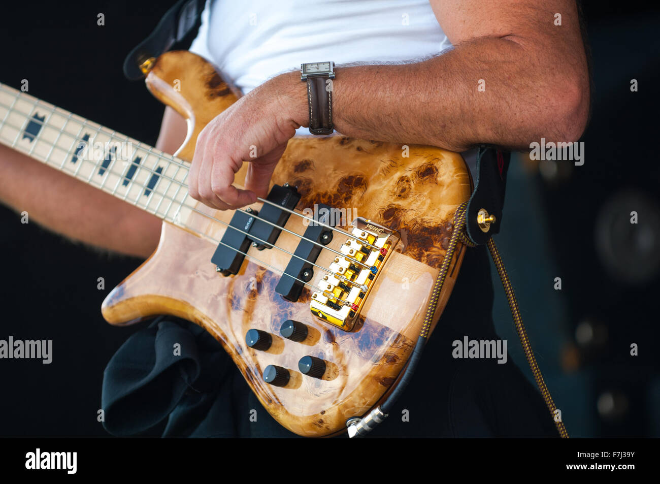 Guitarist plays the bass guitar at the Jenson Button Trust Triathlon Stock Photo