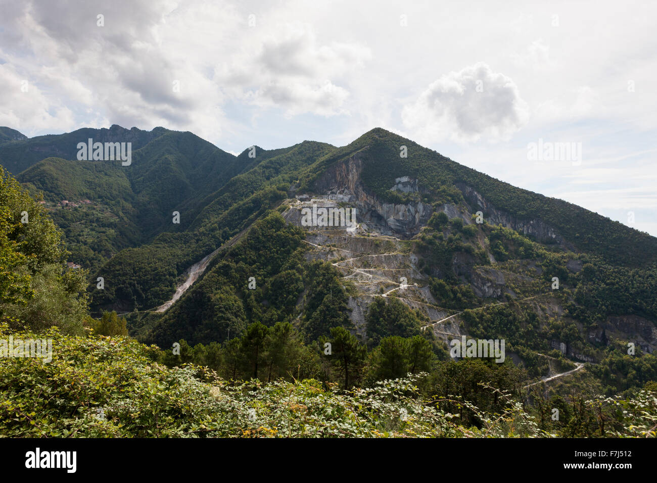 The mountains around Seravezza in the Province of Lucca, Tuscany,  Italy are dotted with marble quarries of the finest marble. Stock Photo