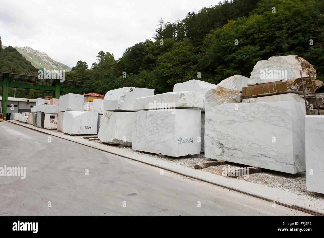 Marble blocks in the cutting yards of the Apuan Alps, Tuscany. Stock Photo
