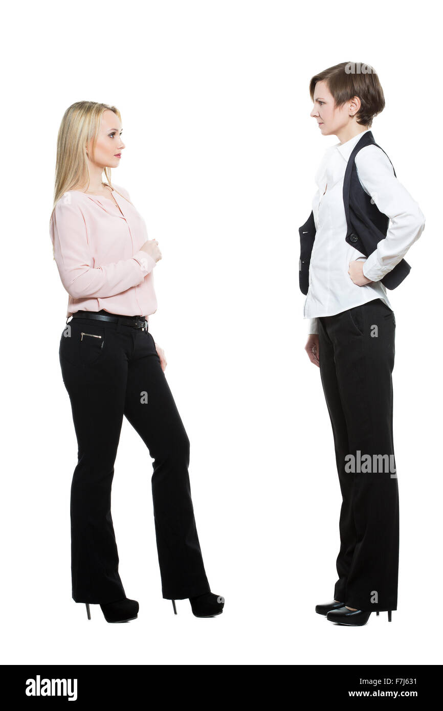 two businesswomen, isolated on white background. body language, gestures psychology. paired
