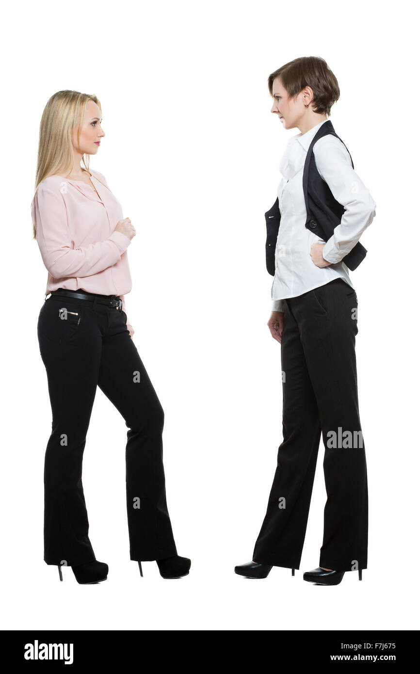 two businesswomen, isolated on white background. body language, gestures psychology. paired