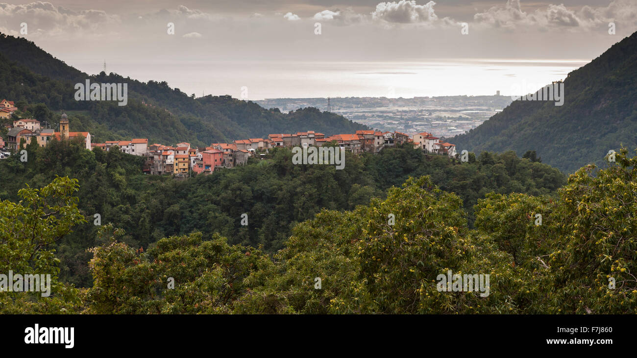 Altagnana village looking down to La Spezia and the Ligurian Sea, Italy Stock Photo