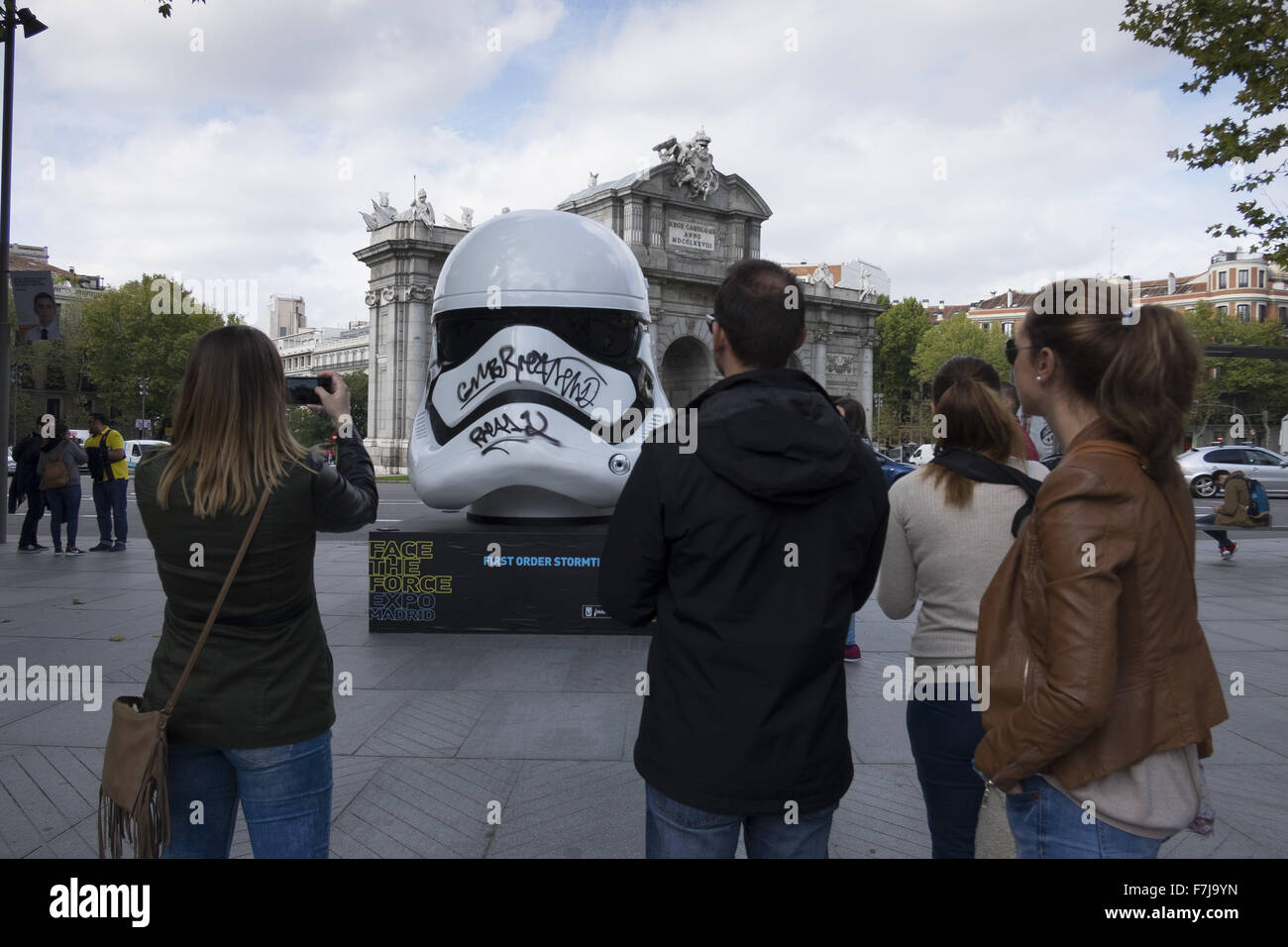 Large scale replica helmets of characters such as Darth Vader and a Stormtrooper from the original Star Wars trilogy, along with Captain Phasma and new Stormtrooper from upcoming movie 'Star Wars: Episode VII - The Force Awakens', are on display around th Stock Photo