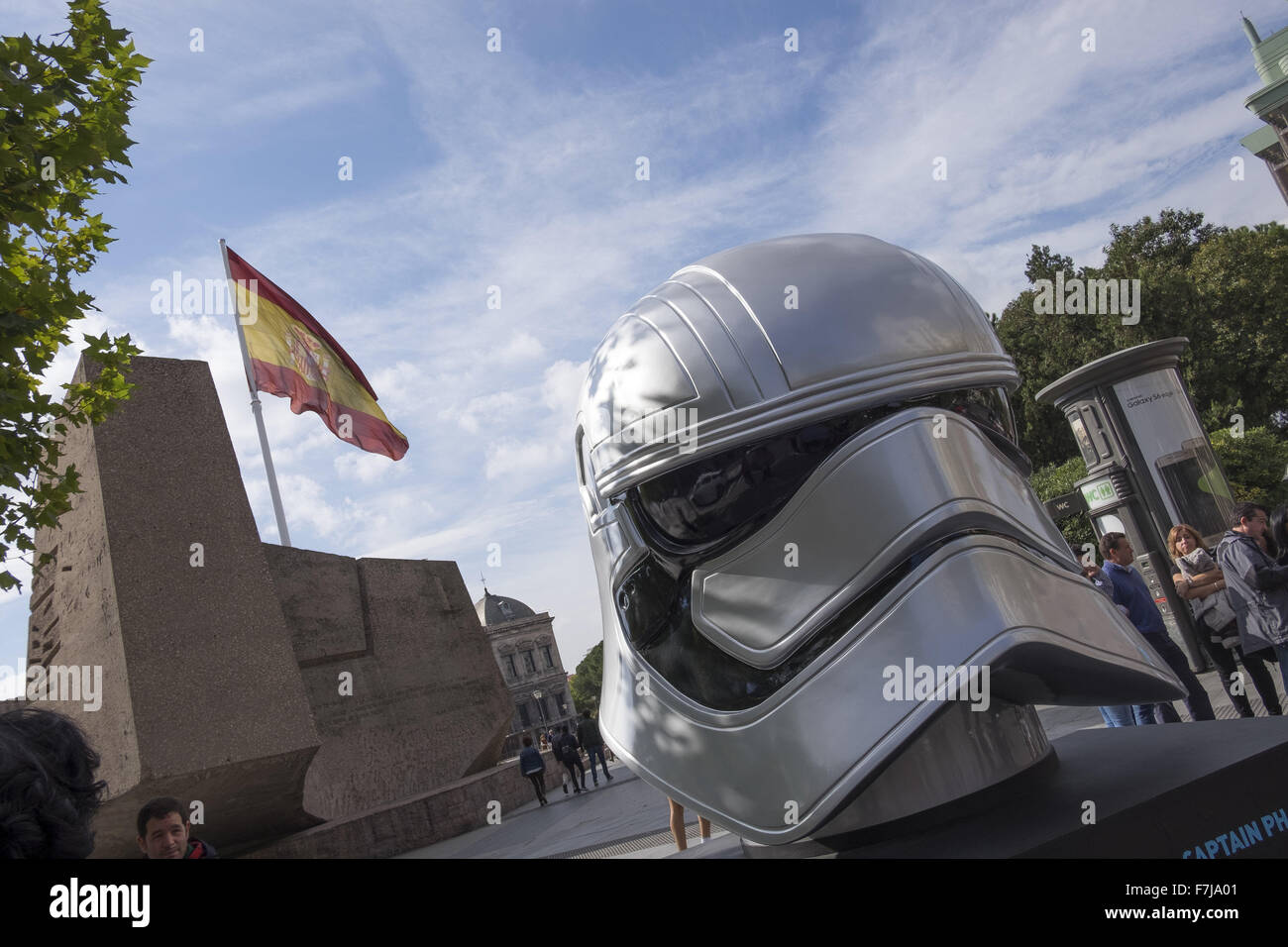 Large scale replica helmets of characters such as Darth Vader and a Stormtrooper from the original Star Wars trilogy, along with Captain Phasma and new Stormtrooper from upcoming movie 'Star Wars: Episode VII - The Force Awakens', are on display around th Stock Photo