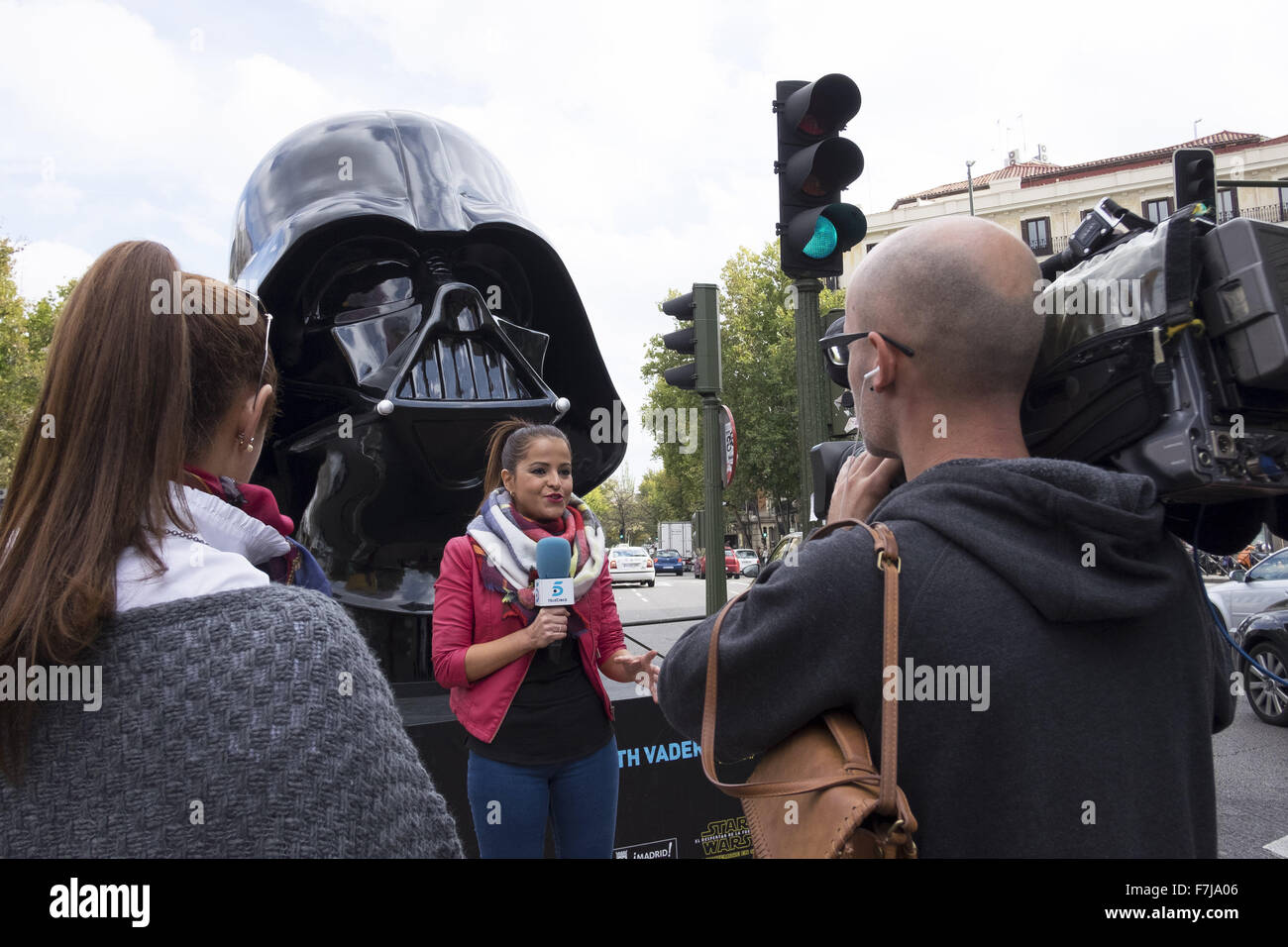 Large scale replica helmets of characters such as Darth Vader and a Stormtrooper from the original Star Wars trilogy, along with Captain Phasma and new Stormtrooper from upcoming movie 'Star Wars: Episode VII - The Force Awakens', are on display around th Stock Photo