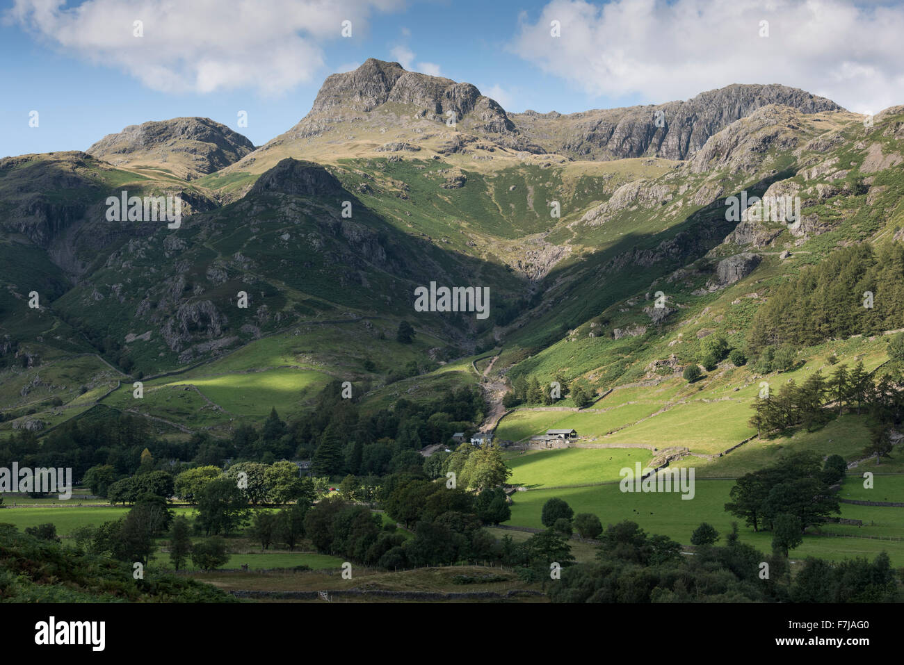 In the English Lake District. Looking across the Langdale Valley to the Langdale Pikes on the other side. Stock Photo