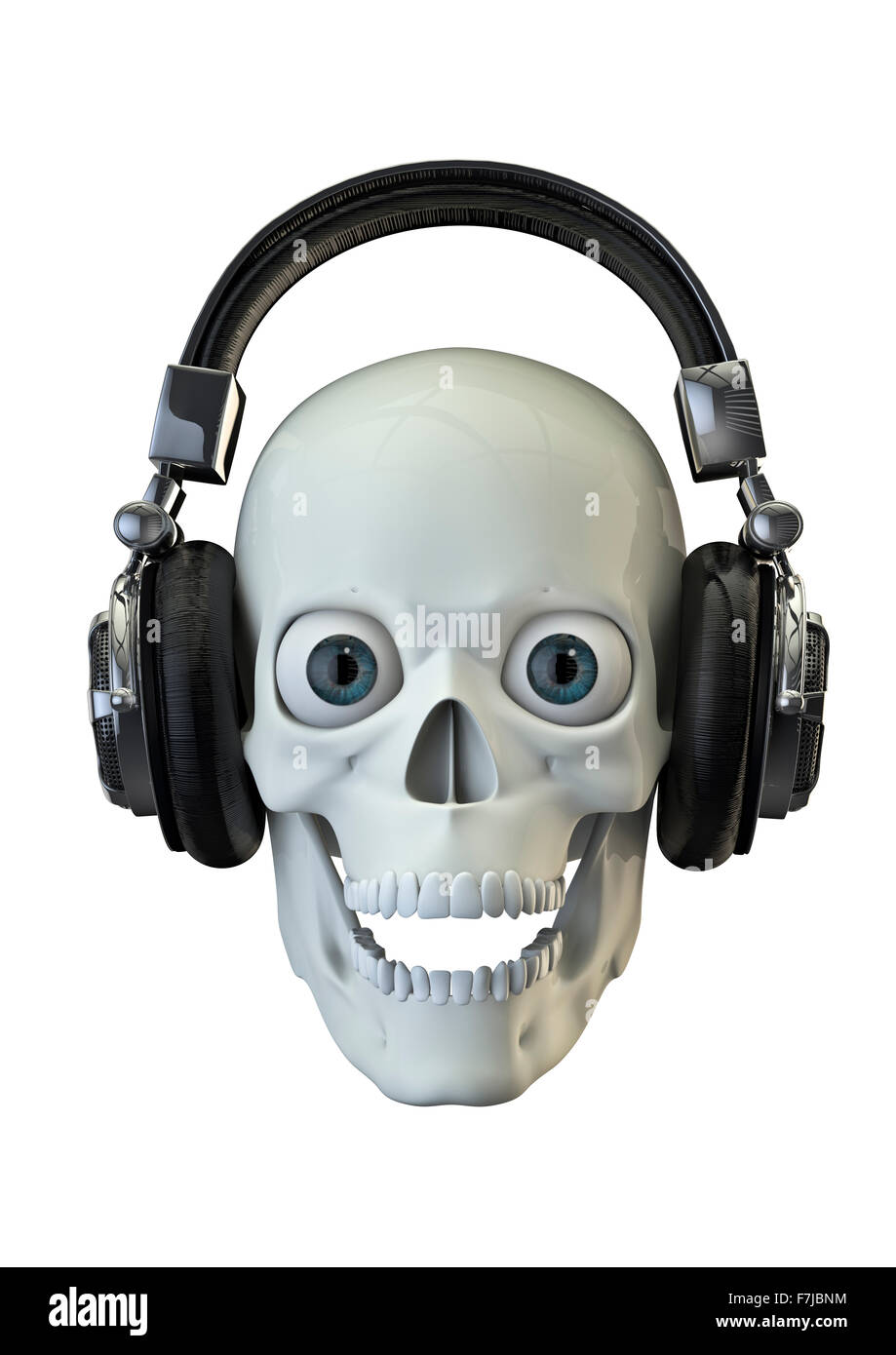 Music to wake the dead / 3D render of skull waking up when listening to music on headphones Stock Photo