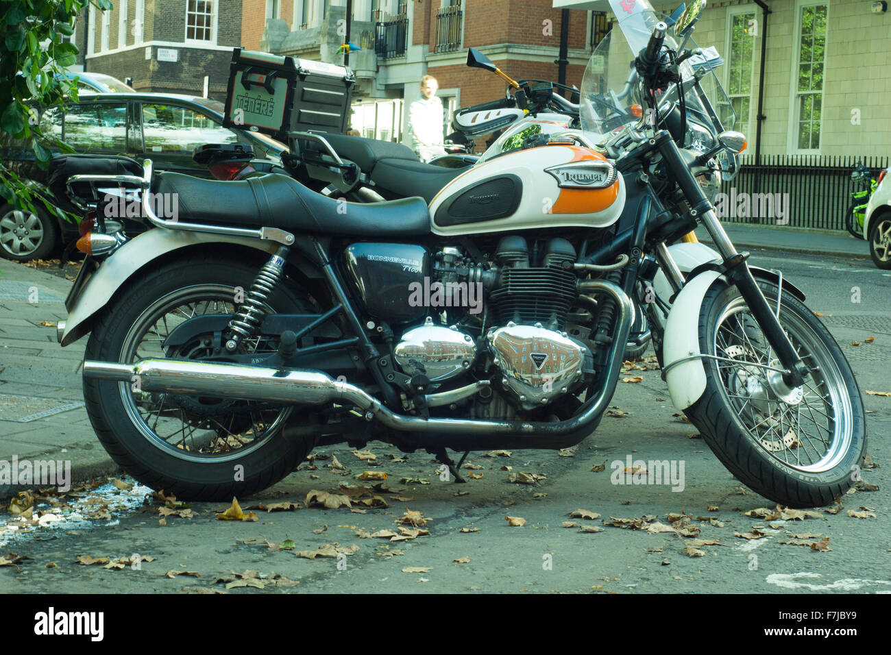 Classic Triumph motorcycle seen in Soho Square September 2015 Stock Photo