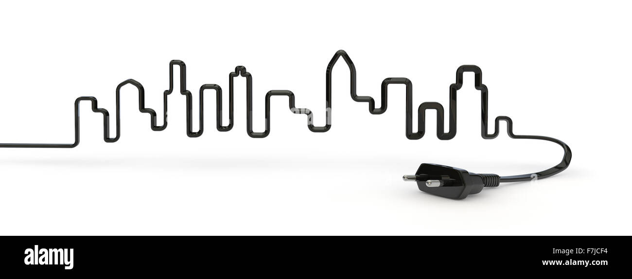 ElectriCITY / 3D render of city skyline formed by electrical cord Stock
