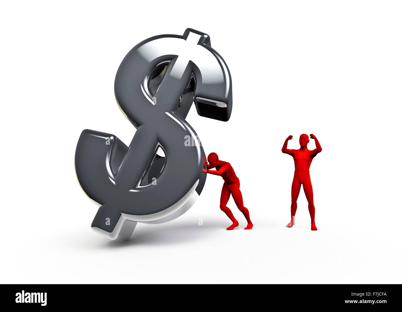 Pushing dollar / 3D render of male figure pushing dollar symbol with another figure cheering Stock Photo