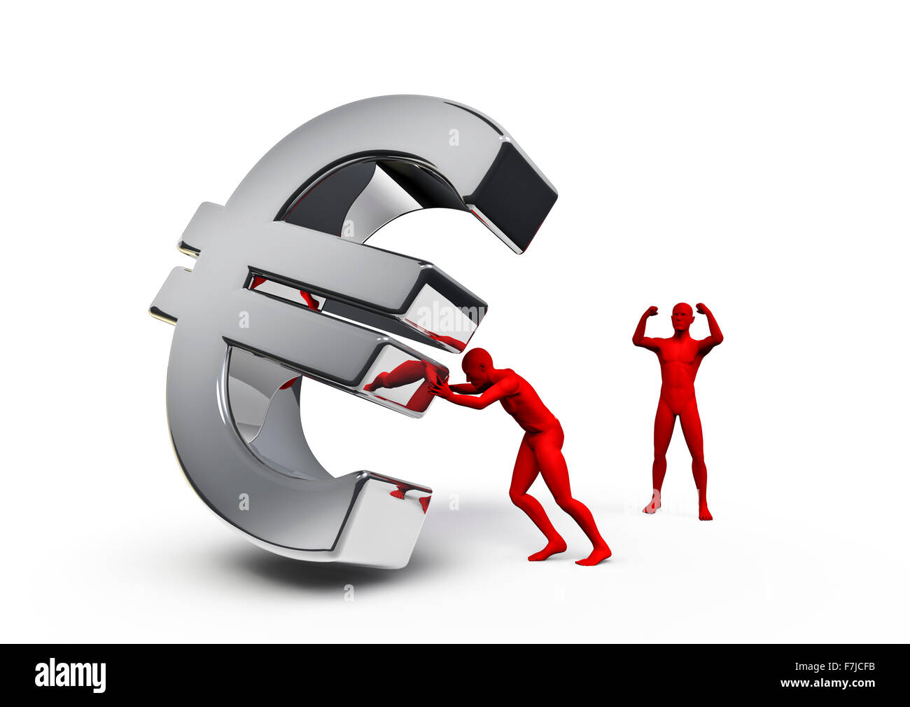 Pushing euro / 3D render of male figure pushing euro symbol with another figure cheering Stock Photo