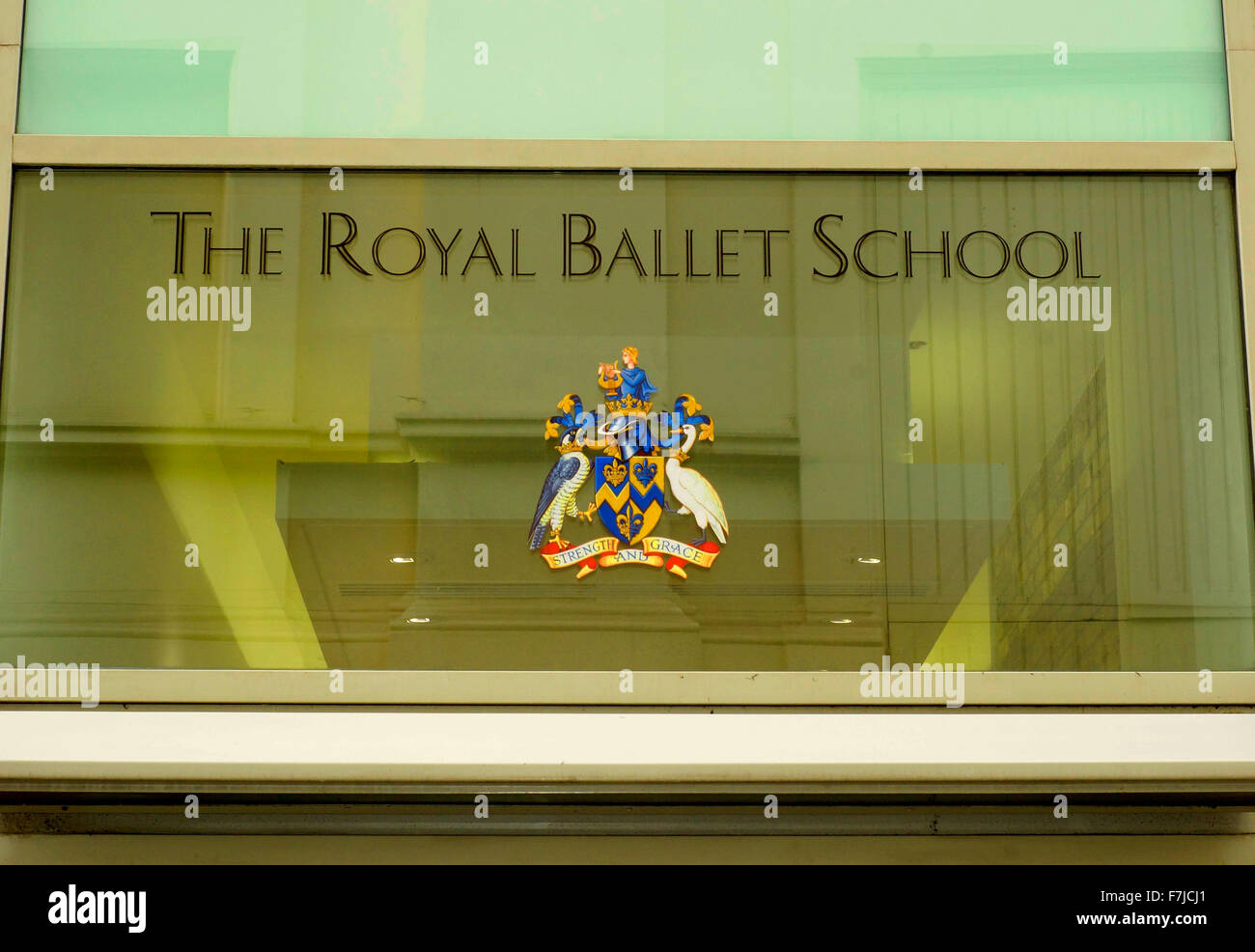 Close up view of above the entrance to the Royal ballet school Covent garden UK showing coat of arms. Stock Photo
