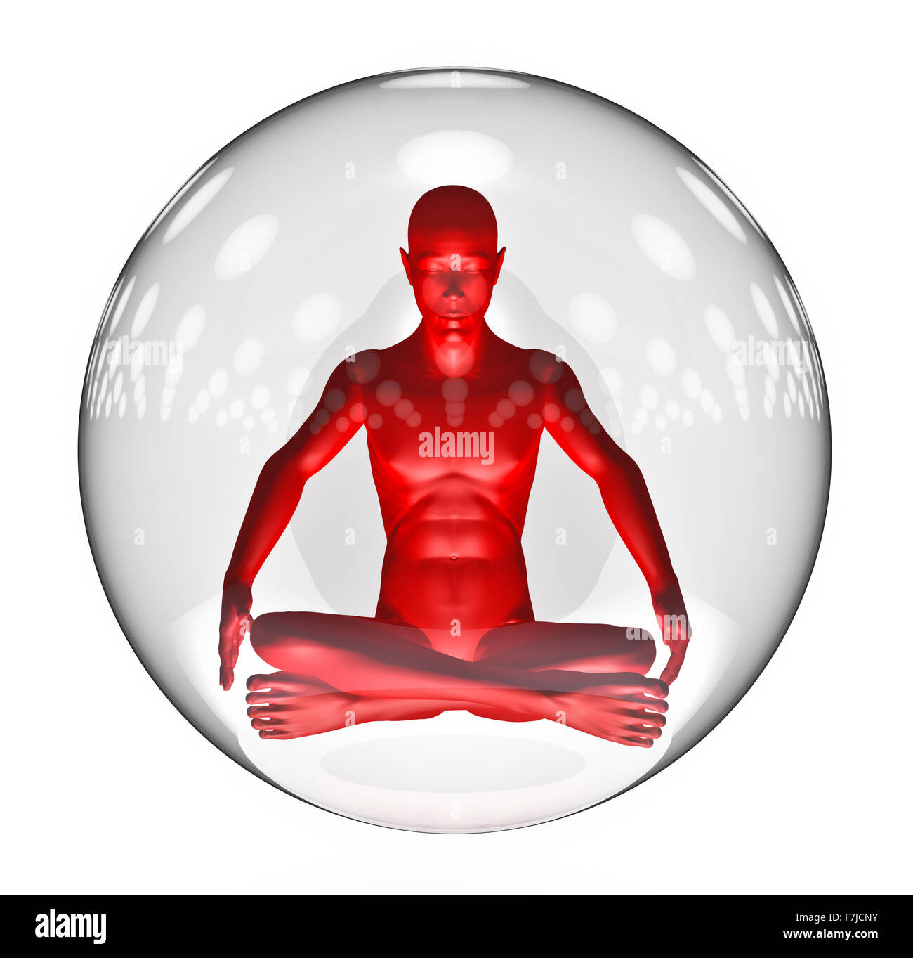 Serenity globe / 3D render of meditating male figure inside glass globe Stock Photo
