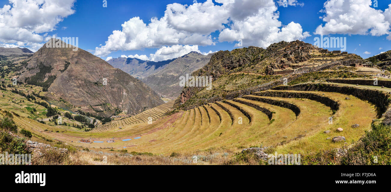 Panoramic view of Pisac in the Sacred Valley of the Incas, Peru Stock Photo
