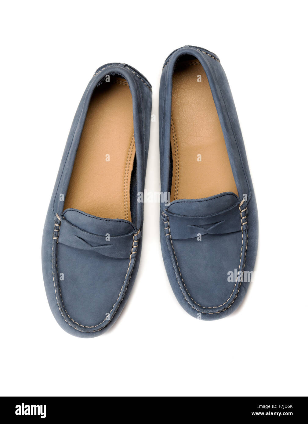 Blue suede shoes. Studio. View from above. Isolate on white. Stock Photo
