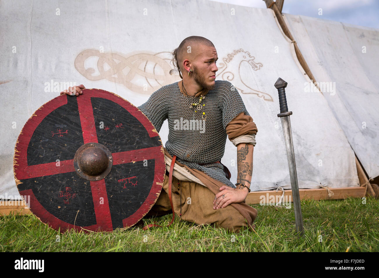 A close-up of a viking with shield and sword, Ishøj, Denmark Stock Photo